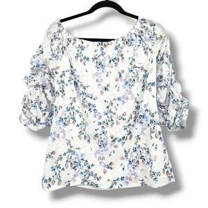 CeCe Floral‎ Eyelet Off Shoulder Top Ruched 3/4 Sleeve Blouse White Blue Pink